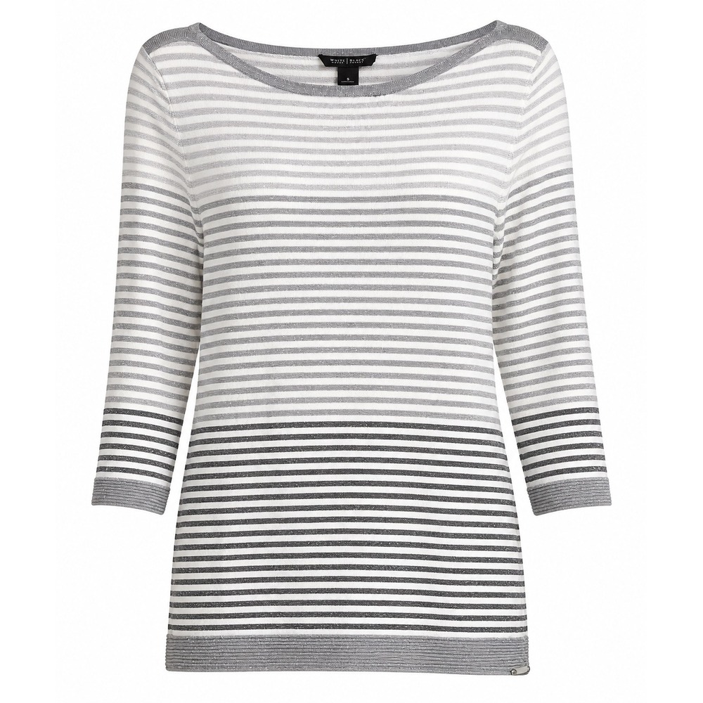 White House Black Market WHBM Sweater Small Metallic Stripe Bateau Neck Silver